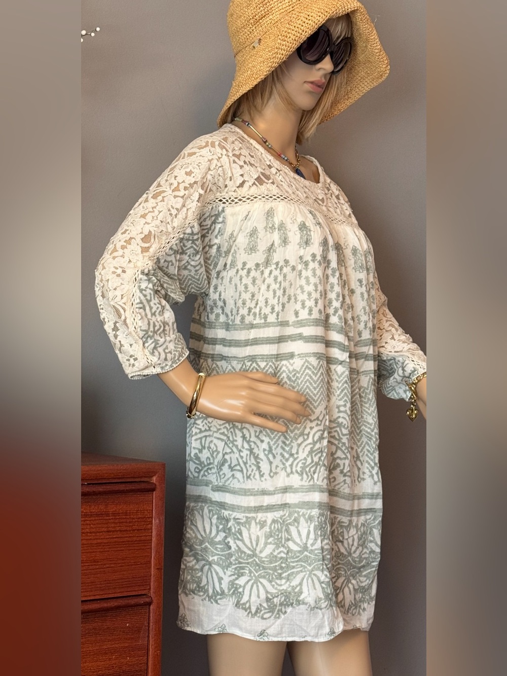 Free People Cream Lace Yoke Tunic with Sage Print